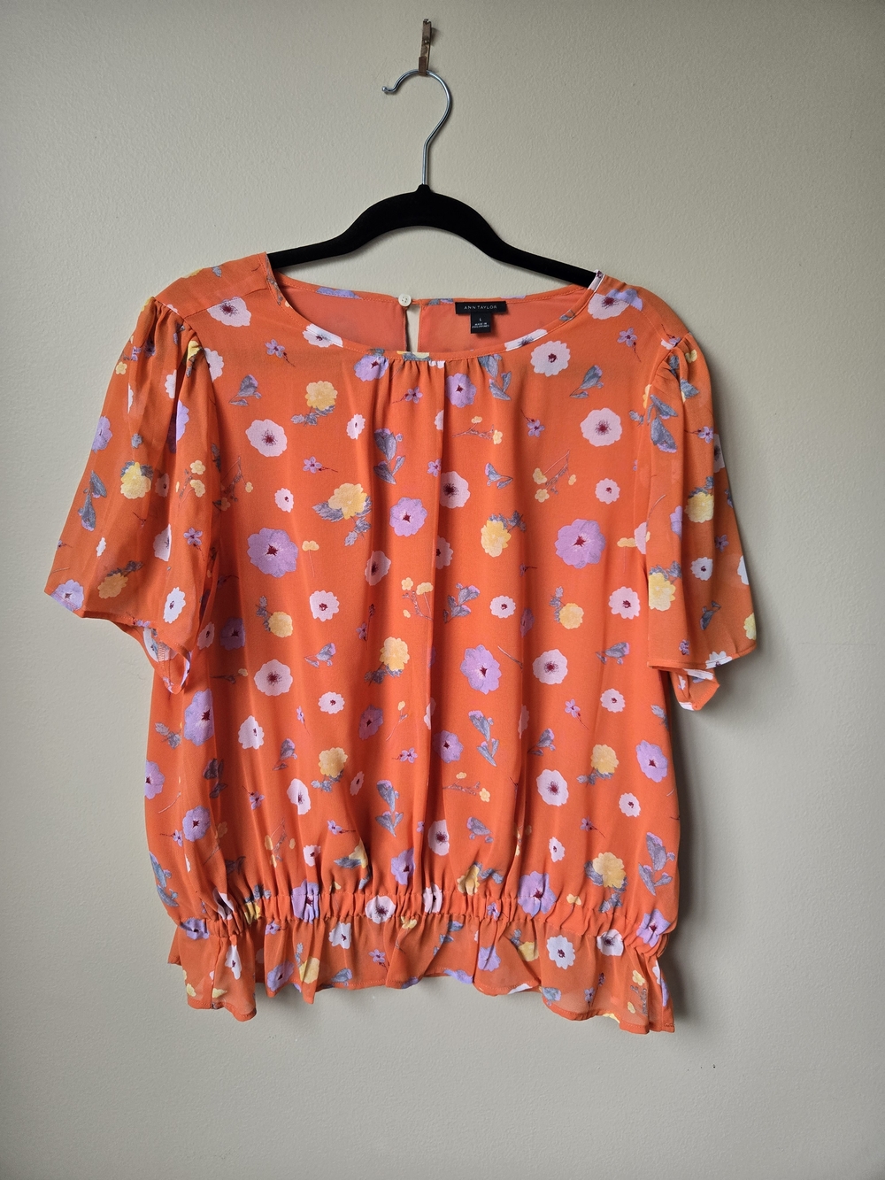 Ann Taylor Orange Floral Short Sleeve Smocked-Hem Blouse